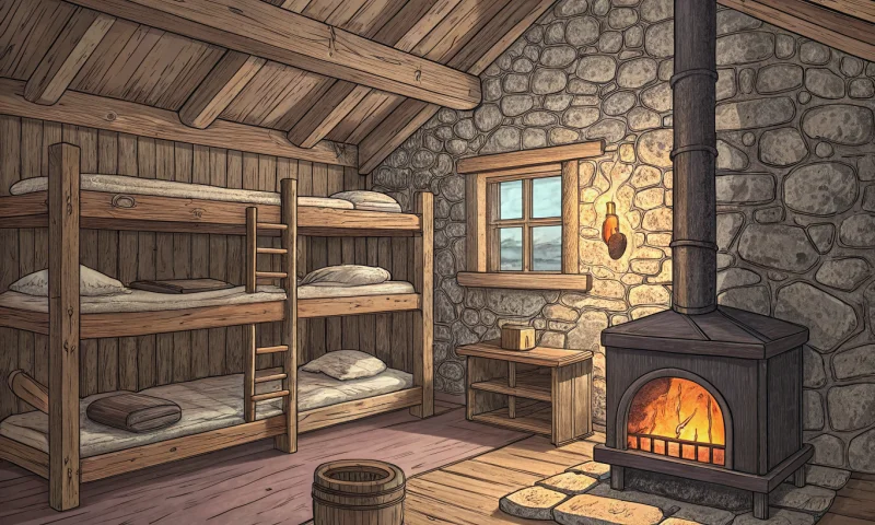 Dřevěná horská útulna s pryčnami a kamnama
